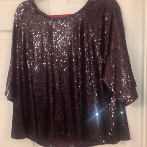 Anthropologie dark berry sequined top wide sleeves straight hemline‎
